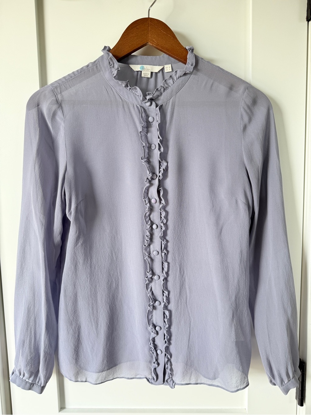 Boden 100% Silk Ruffle Blouse Blue Gray